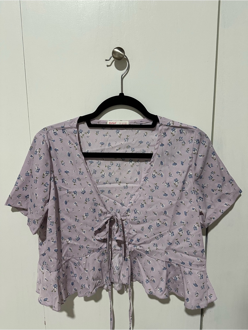 Romwe Lavender Floral Tie Front Peplum Short Sleeve Blouse